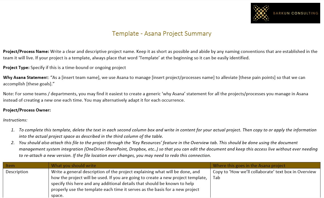 Asana project setup template